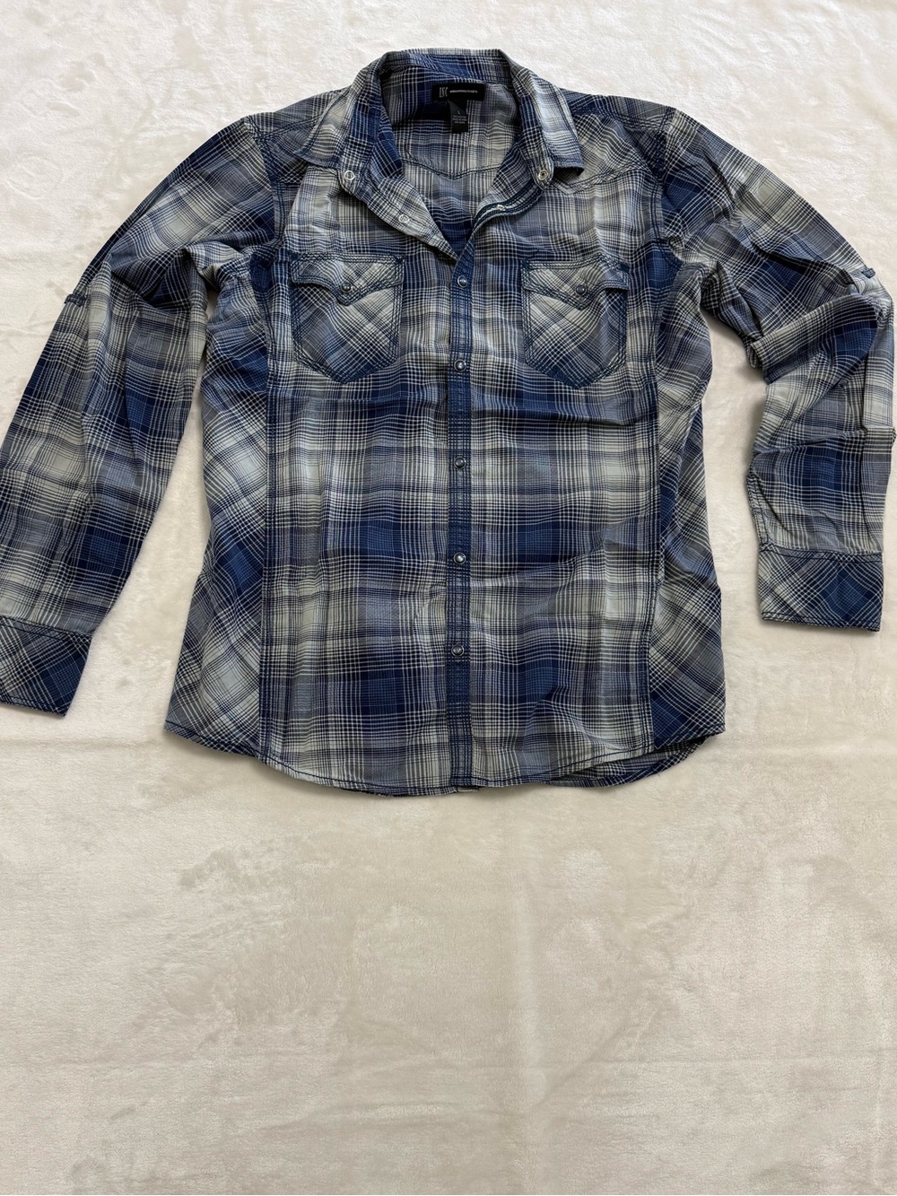 INC International Concepts Men’s Blue Plaid Western Pearl Snap Shirt Size L